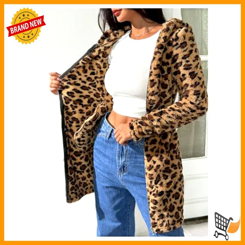 Leopard Faux Fur Coat Hooded Zip Up Long Sleeve Jacket Outerwear Winter Warm - Picture 4 of 5
